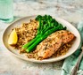 Air fryer salmon served with greens and grains