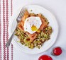 Poached eggs with smoked salmon and bubble & squeak