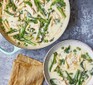 Creamy one-pan chicken & broccoli pasta in a bowl and saucepan