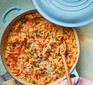 One-pot tomato orzo in a pan