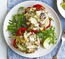Vegetarian chilli-stuffed peppers with feta topping