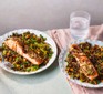 Two plates of puy lentils with seared salmon