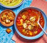 Bowls of roasted vegetable soup with halloumi ‘croutons’